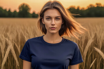 woman standing in field wearing navi t-shirt, t-shirt mock-up, 