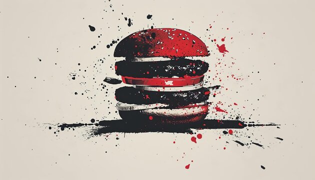 A minimalist painting of a hamburger with ketchup splatter.