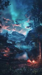 A panoramic wilderness camping view with mythical creatures glowing under aurora borealis-inspired lights, in stunning photorealistic digital rendering