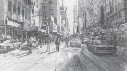 A whimsical pencil sketch of a bustling city street scene, Generative AI