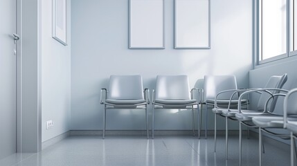Empty modern waiting room with waiting seats in medical office. Healthcare services concept.