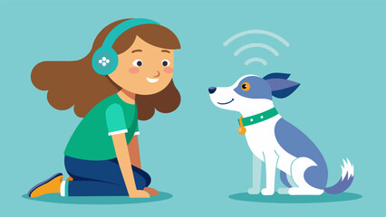 A young girl wearing a headband with intricate sensors exchanging thoughts with her pet dog thanks to tingedge crossspecies communication technology..