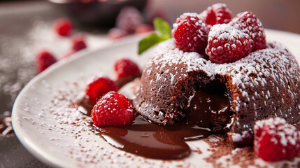 decadent chocolate lava cake oozing with molten chocolate, dusted with powdered sugar, and...
