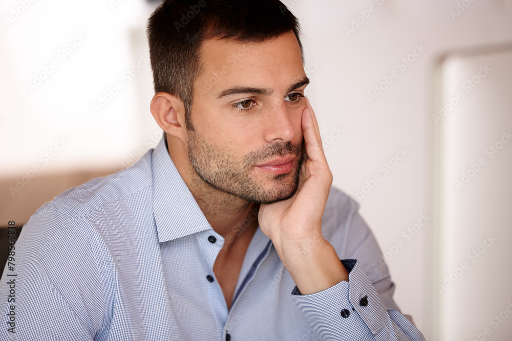 Poster businessman, thinking and computer work in home office for start up company, freelance and software 