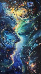 Capture the essence of love blooming in a surreal space setting through a traditional oil painting, showcasing a side view of a couple in a celestial embrace among swirling galaxies