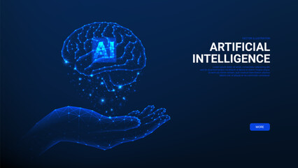 Concept of futuristic AI brain. Vector illustration with hand holds futuristic glowing low polygonal brain. Ai technology, artificial mind, neural network, artificial Intelligence concept.