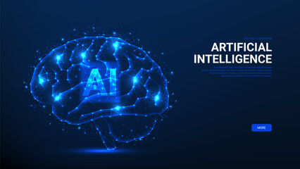Vector futuristic banner with AI brain. Vector illustration with futuristic glowing low polygonal brain. Ai technology, artificial mind, neural network, artificial Intelligence concept.