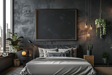 Abstract black oil painting in frame on empty beige wall of cozy bedroom.