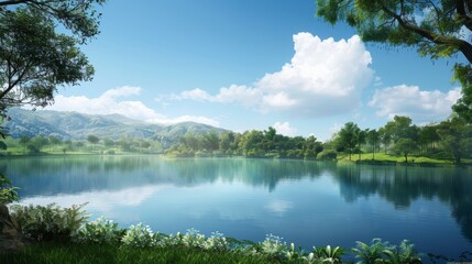 An expansive reservoir framed by lush greenery, its tranquil surface reflecting the surrounding landscape, offering a serene vista.