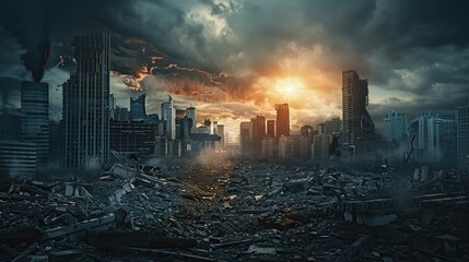 Abandoned broken big city with skyscrapers after a disaster - tornado, earthquake or war. The concept of the end of the world and destruction - apocalypse. copy space for text. - obrazy, fototapety, plakaty