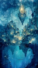 In watercolor, paint a mesmerizing underwater city viewed from a worms-eye perspective, bathed in the luminous glow of bioluminescent sea creatures, capturing the magical essence of the scene