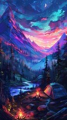 Fototapeta premium Traditional art meets digital innovation in a panoramic wilderness camping scene Illuminate mystical creatures using vibrant, pixelated lighting for a unique twist