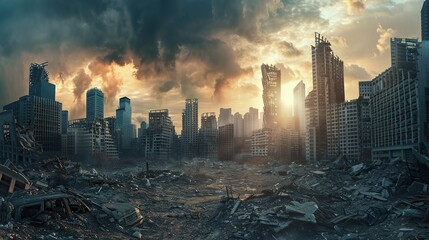 Abandoned broken big city with skyscrapers after a disaster - tornado, earthquake or war. The...