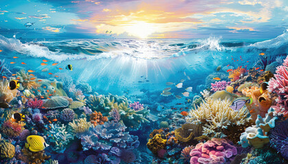 A vibrant coral reef teeming with colorful fish and marine life, showcasing the beauty of the underwater world.