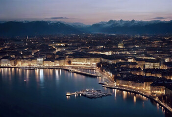Fototapeta premium 'waterfront view night Switzerland Aerial skyline city Geneva Geneva Switzerland Night Aerial Lake Landscape City View Skyline Fountain Cityscape Landmark Sky Water Urban Bridge Rhone Tourism'