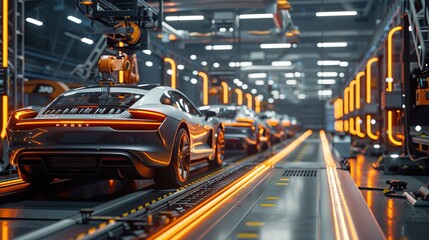 Autonomous robot factory produces vehicles cars bodies in a big hall on long production line. copy space for text.