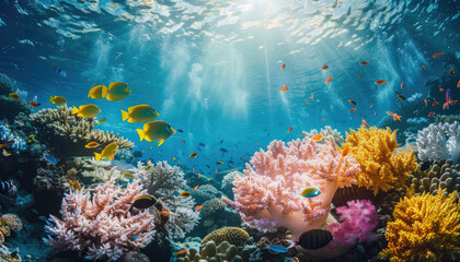 Fototapeta na wymiar A vibrant coral reef teeming with colorful fish and marine life, showcasing the beauty of the underwater world.