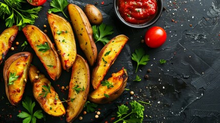 Baked potato wedges with cheese and herbs and tomato sauce on a dark background - homemade organic vegetable vegan vegetarian potato wedges snack food