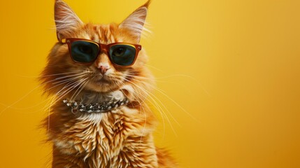 Big red cat in sunglasses and a chain around his neck on a yellow background