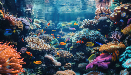 A vibrant coral reef teeming with colorful fish and marine life, showcasing the beauty of the underwater world.