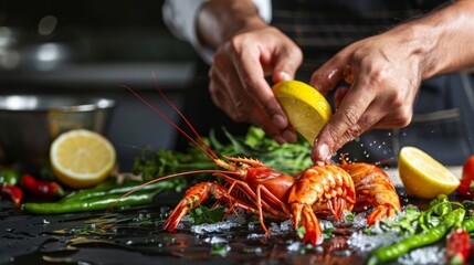 Chef preparing sea food, praying mantis shrimp with lemon and hot pepper and green beans, East Asian cuisine, dilikates, vegetarian