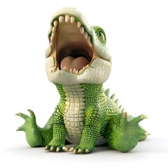 Adorable Newborn Crocodile Yawning with Light Green Scaly Skin on White Background - 798567347