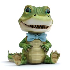 Adorable Green Baby Crocodile with Blue Bow Tie Sitting and Smiling on White Background - 798567358