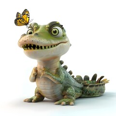 Playful Baby Crocodile with Curious Butterfly Perched on Snout 3D Render on White Background - 798567364