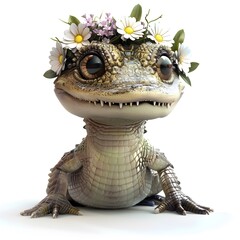 Curious Baby Crocodile with Floral Crown in 3D Render - 798567365