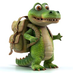Adorable 3D Rendered Baby Crocodile Adventurer with Backpack Exploring Nature - 798567377