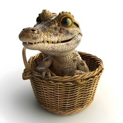 Curious Baby Crocodile Peering Out from Woven Basket on White Background - 798567387