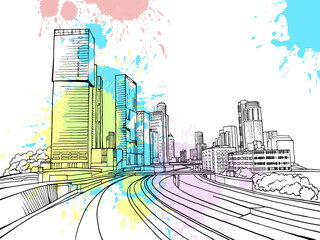 Nice view of modern Tel Aviv. Israel. Hand drawn sketch. Line art. Vector illustration on colorful blobs