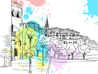 Nice view of old Tel Aviv, Jaffa, Israel. hand drawn urban sketch. Vector illustration on the colorful blobs background . Line art. Postcards. 