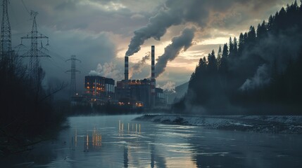 Big power plant or factory polluting the nature. Ecology concept landscape. copy space for text. - obrazy, fototapety, plakaty