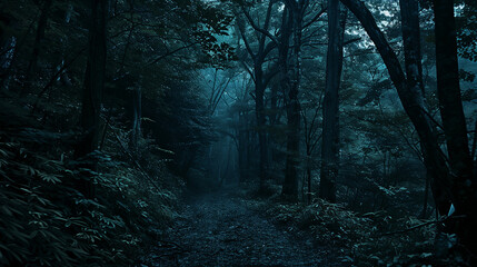 Dark scary forest landscape with road  - obrazy, fototapety, plakaty