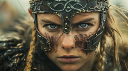 Fototapeta na wymiar Closeup of medieval Viking female warrior looking at camera with furious expression