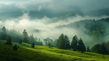 Idyllic pastoral landscape with green hills