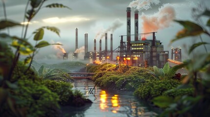 Naklejka premium Big power plant or factory polluting the nature. Ecology concept landscape. copy space for text.