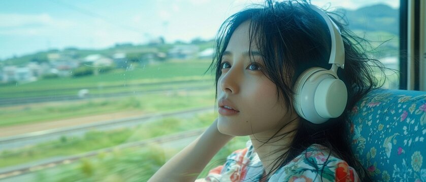 Side shot, an Asian model wearing white vintage headphones sits by the train window, wearing a floral skirt