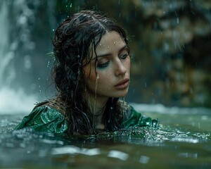 a girl with dark hair in green Scottish medieval clothes swims in a lake near a waterfall dark fantasy art