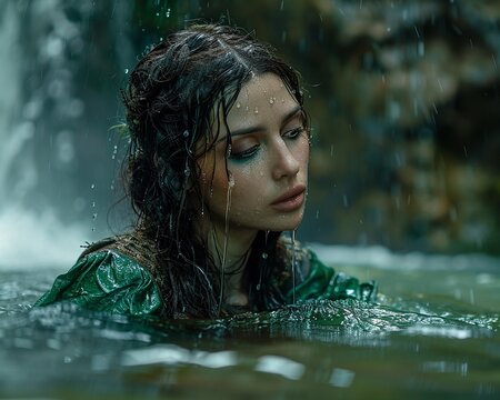 a girl with dark hair in green Scottish medieval clothes swims in a lake near a waterfall dark fantasy art