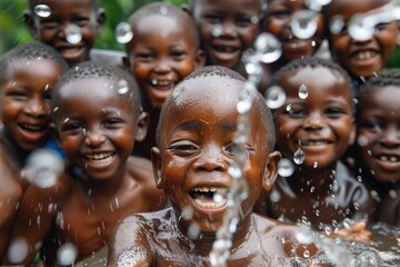 African Children having fun with water from a recently installed water well