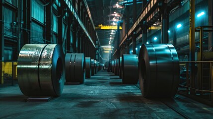 Big rolls of steel in factory. Image of industry factory. copy space for text.
