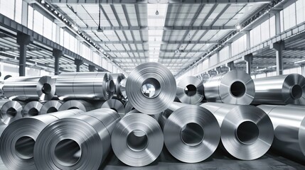 Big rolls of steel in factory. Image of industry factory. copy space for text.