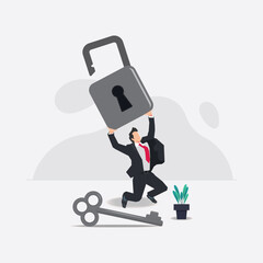Businessman lifting the unlock padlock. Solve problem of business design vector illustration