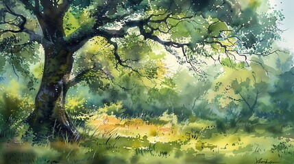 Panoramic view of a forest with a prominent, large tree in watercolor, suitable for panoramic wall art or nature calendars