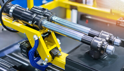 Hydraulic cylinder on industrial machinery equipment; construction and engineering development. Hydraulic application systems; Fluid power systems