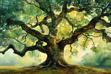 Large watercolor painting of an ancient oak tree, emphasizing rich green and brown tones, perfect for environmental themes