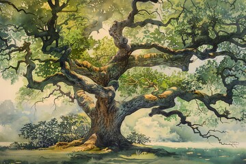 Large watercolor painting of an ancient oak tree, emphasizing rich green and brown tones, perfect for environmental themes