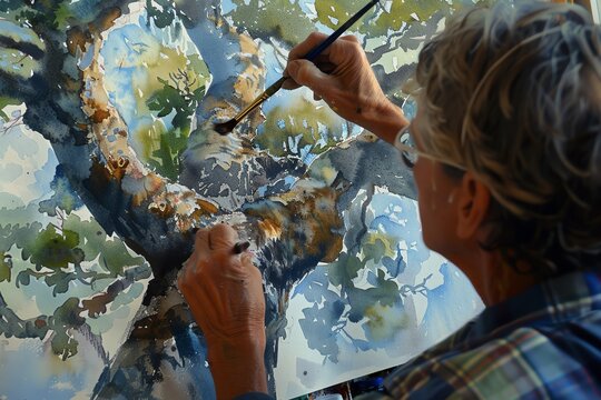 Closeup stock photo of a watercolor artist painting a large tree, capturing the blend of colors and brush strokes